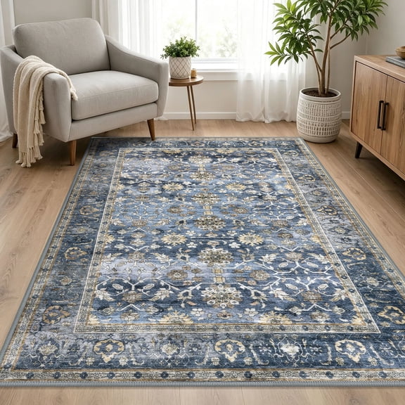 GLATTICE 4x6 Washable Area Rug with Non Slip Rubber Backing Soft Vintage Floral Throw Rugs for Living Room Kitchen Low-Pile Entry Rug Carpet for Bedroom Entrance, Blue Grey Beige
