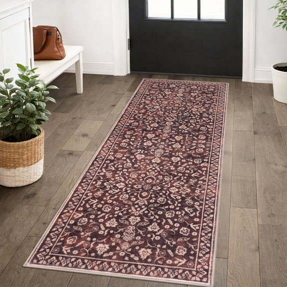 GLATTICE Runner Rug 2x5 Non Slips Rug Runner Super Soft Kitchen Runner Rug Printed Faux Wool Floral Thin Rugs for Hallway Entryway Laundry Room Bedroom, Deep Burgundy