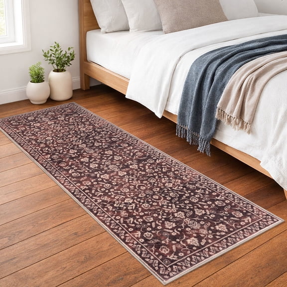 GLATTICE Runner Rug 2x7 Non Slips Rug Runner Super Soft Kitchen Runner Rug Printed Faux Wool Floral Thin Rugs for Hallway Entryway Laundry Room Bedroom, Deep Burgundy