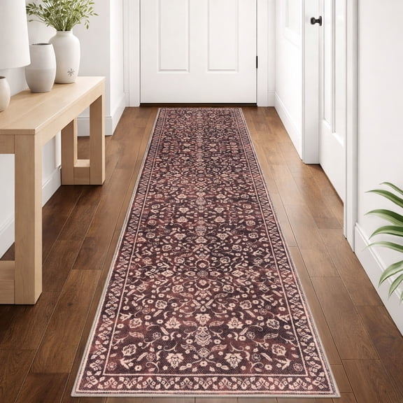 GLATTICE Runner Rug 2x8 Non Slips Rug Runner Super Soft Kitchen Runner Rug Printed Faux Wool Floral Thin Rugs for Hallway Entryway Laundry Room Bedroom, Deep Burgundy