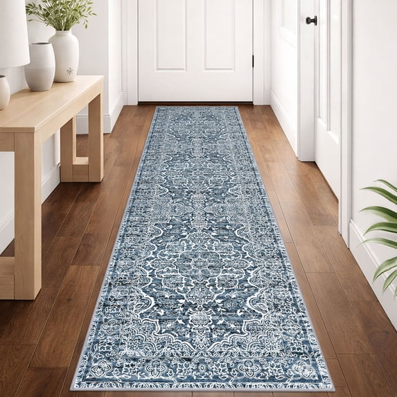 GLATTICE Runner for Hallways 2x8 Blue Vintage Floral Runners Non-Slip Washable Kitchen Runners Soft Printed Retro Distressed Flower Entryway Runner Rug for Bedroom Laundry Room