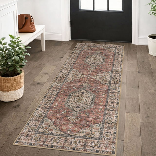 GLATTICE Runner Rug 2x5 Terracotta Vintage Floral Rug Boho Rug Runner Non-Slip Washable Kitchen Runner Soft Printed Retro Flower Carpet Runner for Bedroom Laundry Entryway