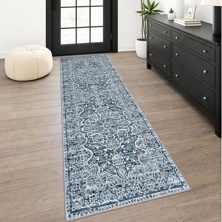 GLATTICE Runner Rug 2x6 Blue Vintage Floral Rug Boho Rug Runner Non-Slip Washable Kitchen Runner Soft Printed Retro Flower Carpet Runner for Bedroom Laundry Entryway