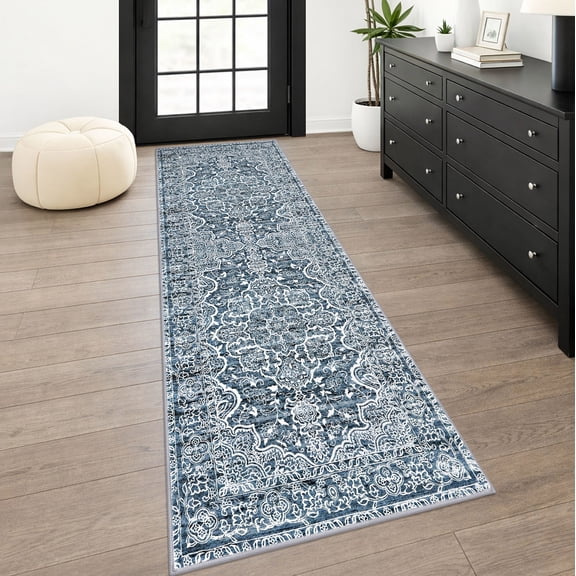 GLATTICE Runner Rug 2x6 Blue Vintage Floral Rug Boho Rug Runner Non-Slip Washable Kitchen Runner Soft Printed Retro Flower Carpet Runner for Bedroom Laundry Entryway