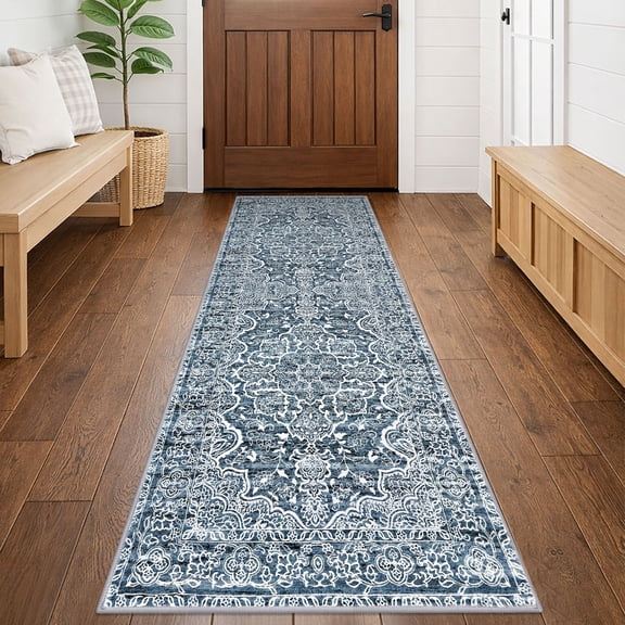 GLATTICE Runner Rug 2x6 Blue Vintage Floral Rug Boho Rug Runner Non-Slip Washable Kitchen Runner Soft Printed Retro Flower Carpet Runner for Bedroom Laundry Entryway