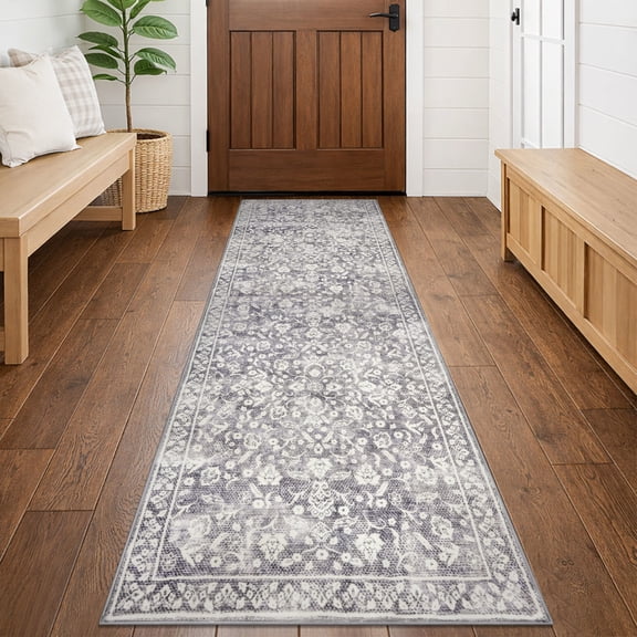 GLATTICE Runner Rug 2x6 Non Slips Rug Runner Super Soft Kitchen Runner Rug Printed Faux Wool Floral Thin Blue Rugs for Hallway Entryway Laundry Room Bedroom, Gray Ivory
