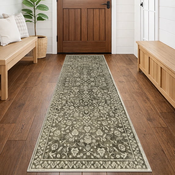 GLATTICE Runner Rug 2x6 Non Slips Rug Runner Super Soft Kitchen Runner Rug Printed Faux Wool Floral Thin Blue Rugs for Hallway Entryway Laundry Room Bedroom, Taupe Brown