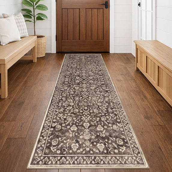 GLATTICE Runner Rug 2x7 Non Slips Rug Runner Super Soft Kitchen Runner Rug Printed Faux Wool Floral Thin Blue Rugs for Hallway Entryway Laundry Room Bedroom, Rust Brown Red
