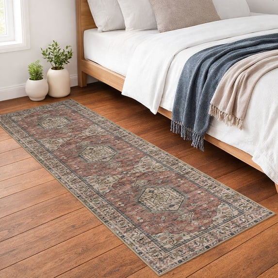 GLATTICE Runner Rug 2x7 Terracotta Vintage Floral Rug Boho Rug Runner Non-Slip Washable Kitchen Runner Soft Printed Retro Flower Carpet Runner for Bedroom Laundry Entryway