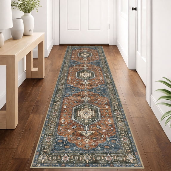 GLATTICE Runner Rug 2x8 Brick Red Vintage Floral Rug Boho Rug Runner Non-Slip Washable Kitchen Runner Soft Printed Retro Flower Carpet Runner for Bedroom Laundry Entryway