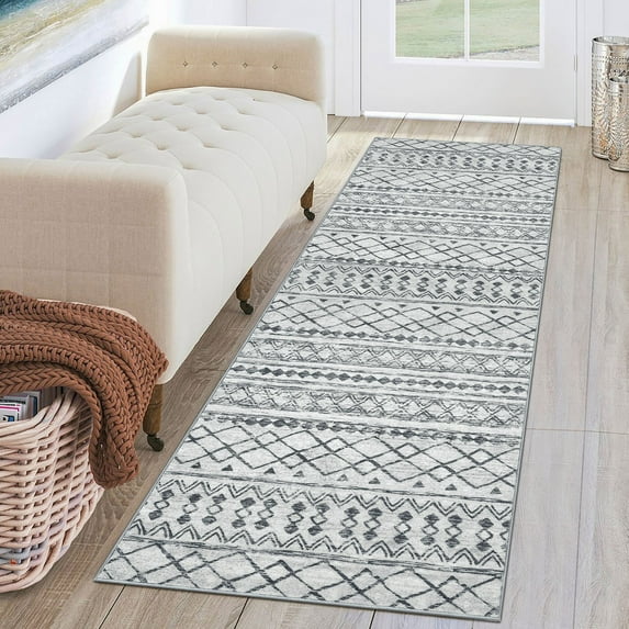 GLATTICE Runner Rugs for Hallway 2x6 Non-Slip Vintage Grey Boho Runner Moroccan Washable Non Slip Rug Runner Geometric Thin Indoor Floor Carpet Runner for Entryway Laundry Room