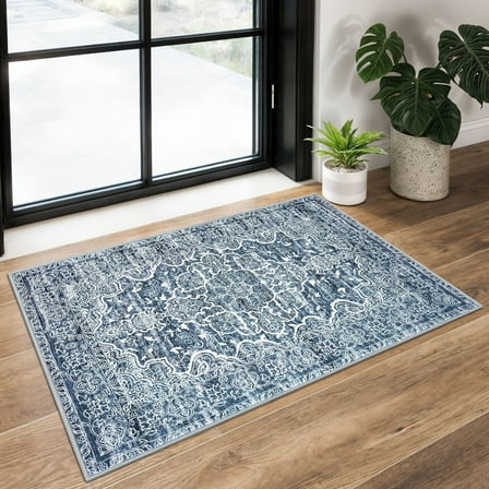 GLATTICE  Throw Rugs with Rubber Backing Washable Small Area Rug 2x3 Blue Front Door Mat Ultra Soft Printed Oriental Floral Rug Indoor Mat for Entryway Porch Hallway