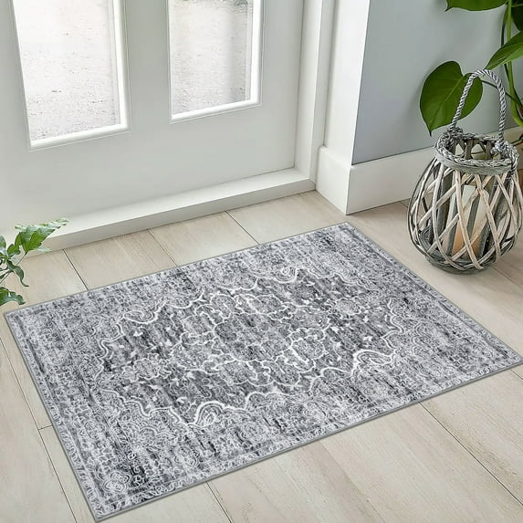 GLATTICE Small Area Rug 2x3 Grey Washable Entryway Rug Non-Slip Ultra Soft Printed Oriental Floral Rug Doormat Small Accent Rug Farmhouse Kitchen Throw Rug for Entrance