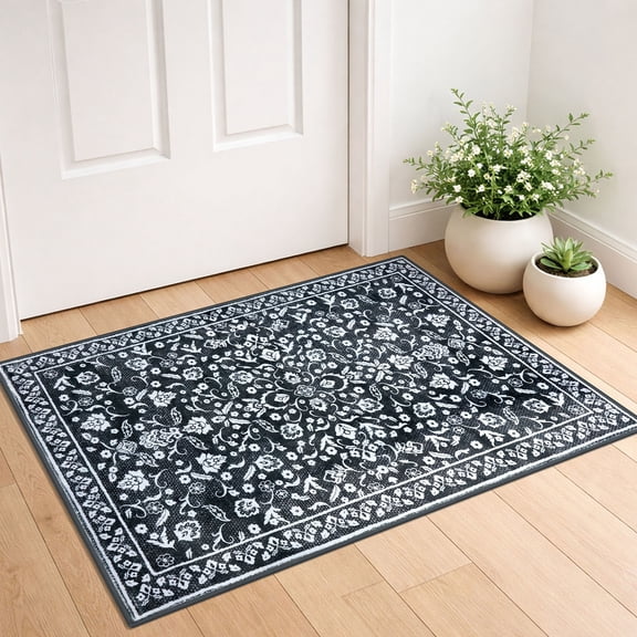 GLATTICE Indoor Doormat 2x3 Small Area Rugs Washable 2x3 Front Door Mat Entrance Doormat Non Slip Rubber Backed Entryway Rug for Entry Kithen Bedroom, Charcoal Black White