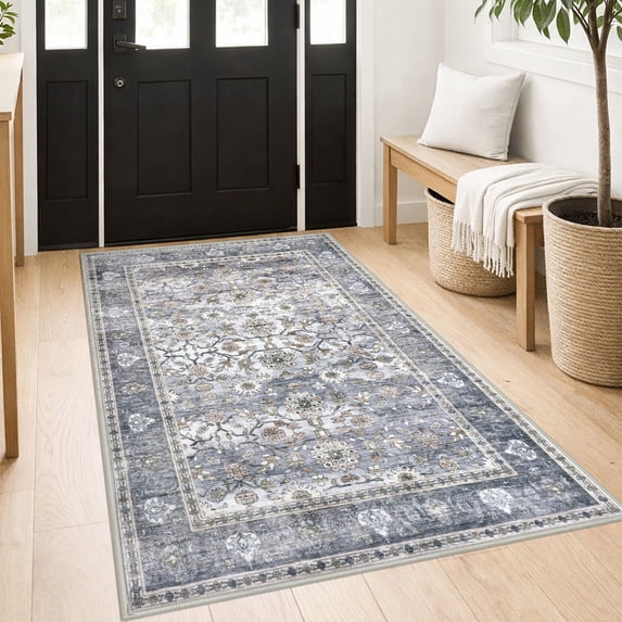 GLATTICE 3x5 Washable Area Rug with Non Slip Rubber Backing Soft Vintage Floral Throw Rugs for Living Room Kitchen Low-Pile Entry Rug Carpet for Bedroom Entrance, Grey Blue