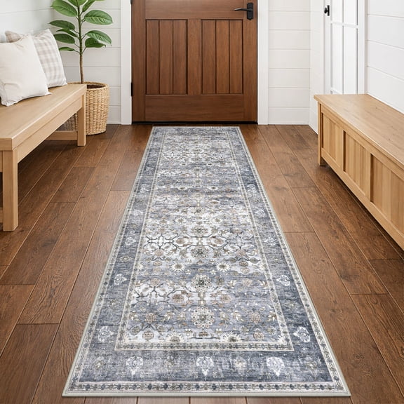 GLATTICE Washable 2x6 Runner Rug Hallways Non Slip Rug Runners Vintage Floral Printed Super Soft Carpet Runners for Entryway Bedroom Bedside Kitchen Laundry Room, Grey Blue