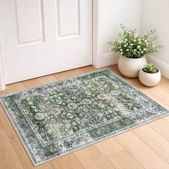 GLATTICE Vintage Washable 2x3 Small Area Rugs for Entryway Non Slip Kitchen Rugs with Rubber Backing Floral Print Soft Low Pile Throw Rug for Entrance, Green