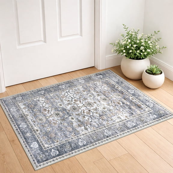 GLATTICE Vintage Washable 2x3 Small Area Rugs for Entryway Non Slip Kitchen Rugs with Rubber Backing Floral Print Soft Low Pile Throw Rug for Entrance, Grey Blue