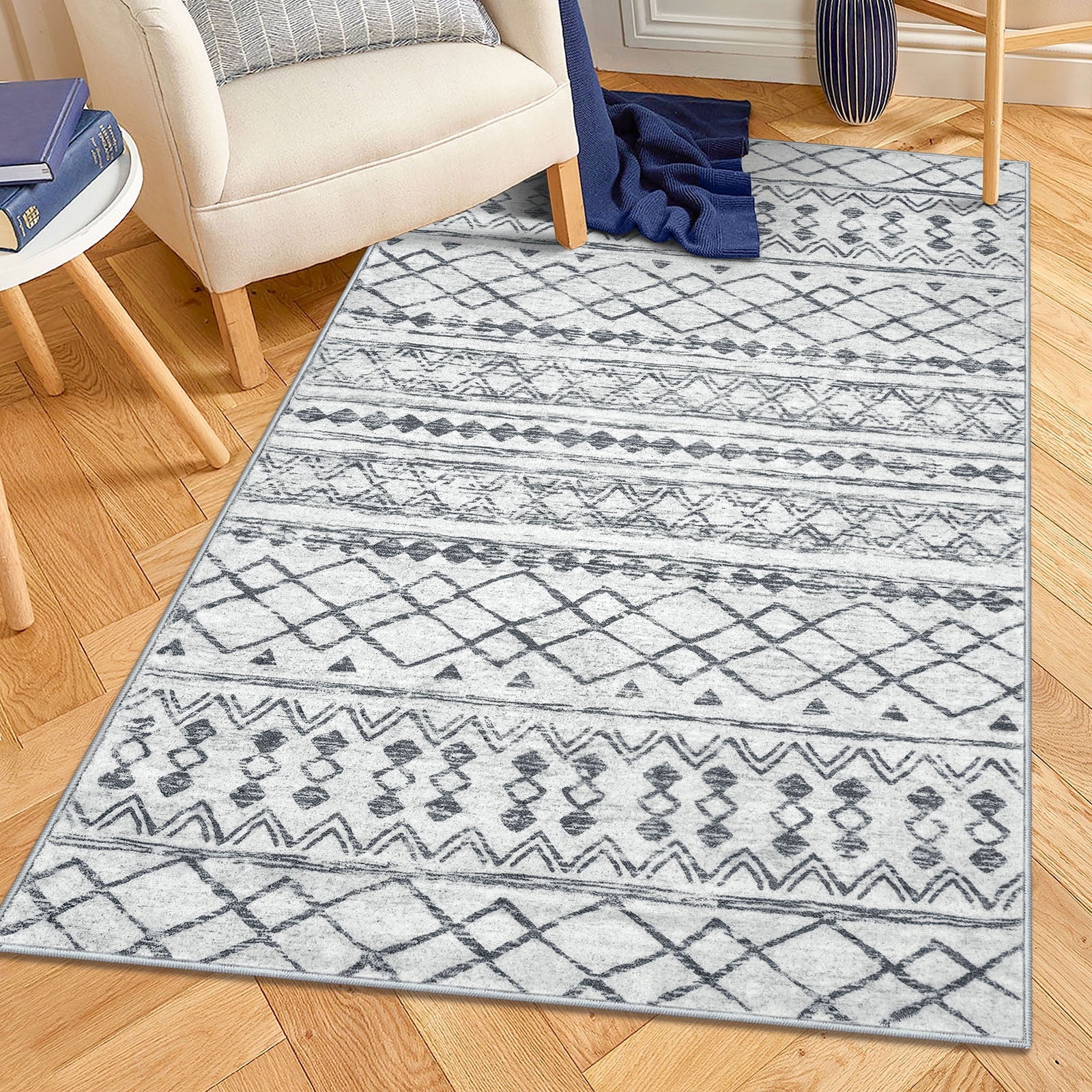 Gray Geometric Wool and Synthetic 3'x5' Washable Area Rug