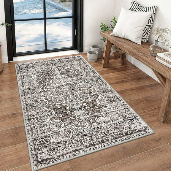 GLATTICE Washable Rugs 3x5 Tan Area Rugs Vintage Floral Rug for Living Room Non-Slip Kitchen Rugs Soft Printed Distressed Entry Rug Low-Pile Throw Rug Carpet for Entryway Bedroom