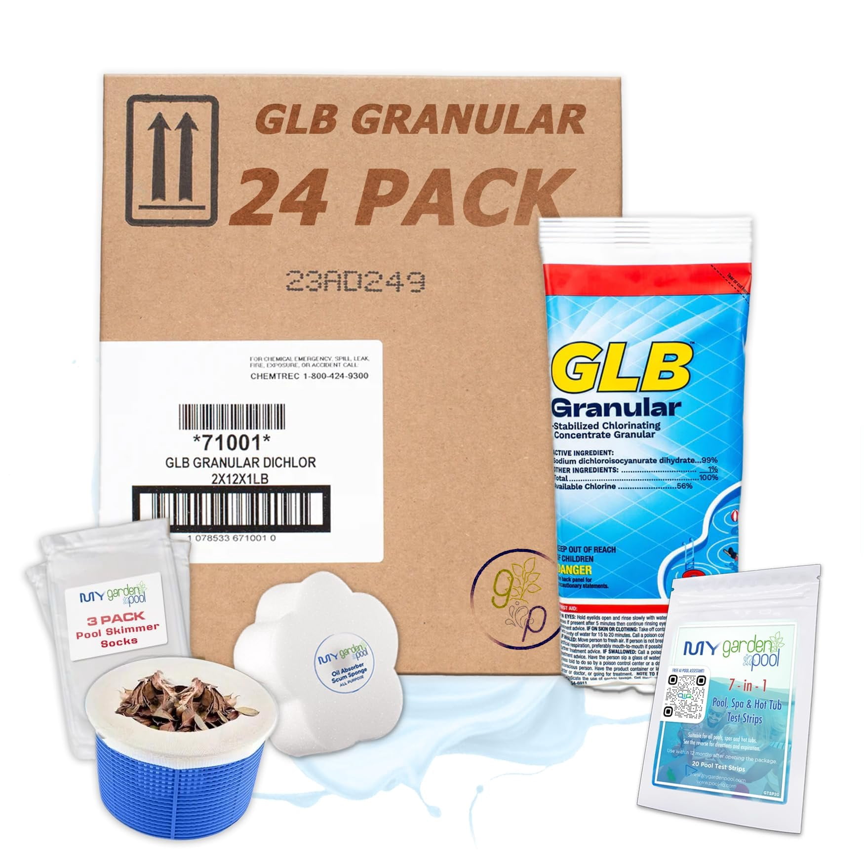 GLB Granular Chlorine 71001A 24 LB 1 LB x 24 - Stabilized Fast Dissolving Pool Sanitizer, Calcium-Free, Shock Treatment Ready, with My Garden Pool Test Strips & Skimmer Socks and Scum Sponge