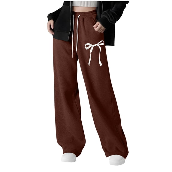 GLCCG Girls' Straight Leg Sweatpants Drawstring High Waisted Baggy Joggers Pnats with Pockets Cute Bow Printed Sports Pants 8-12 Years