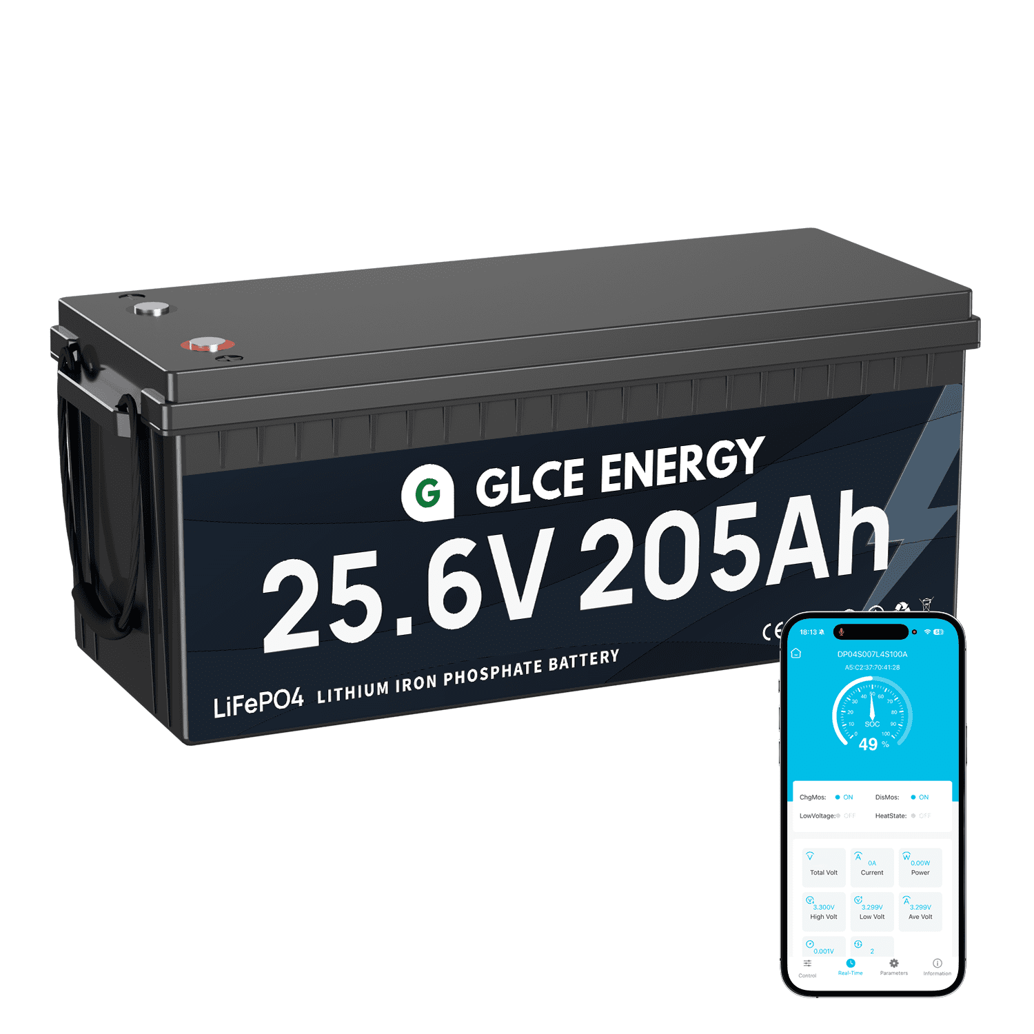 GLCE ENERGY 24V 200Ah(205Ah) LiFePO4 Battery, Bluetooth 200A BMS, 5248Wh Low-Temperature Protection Rechargeable Lithium Battery for Camping Caravan RV