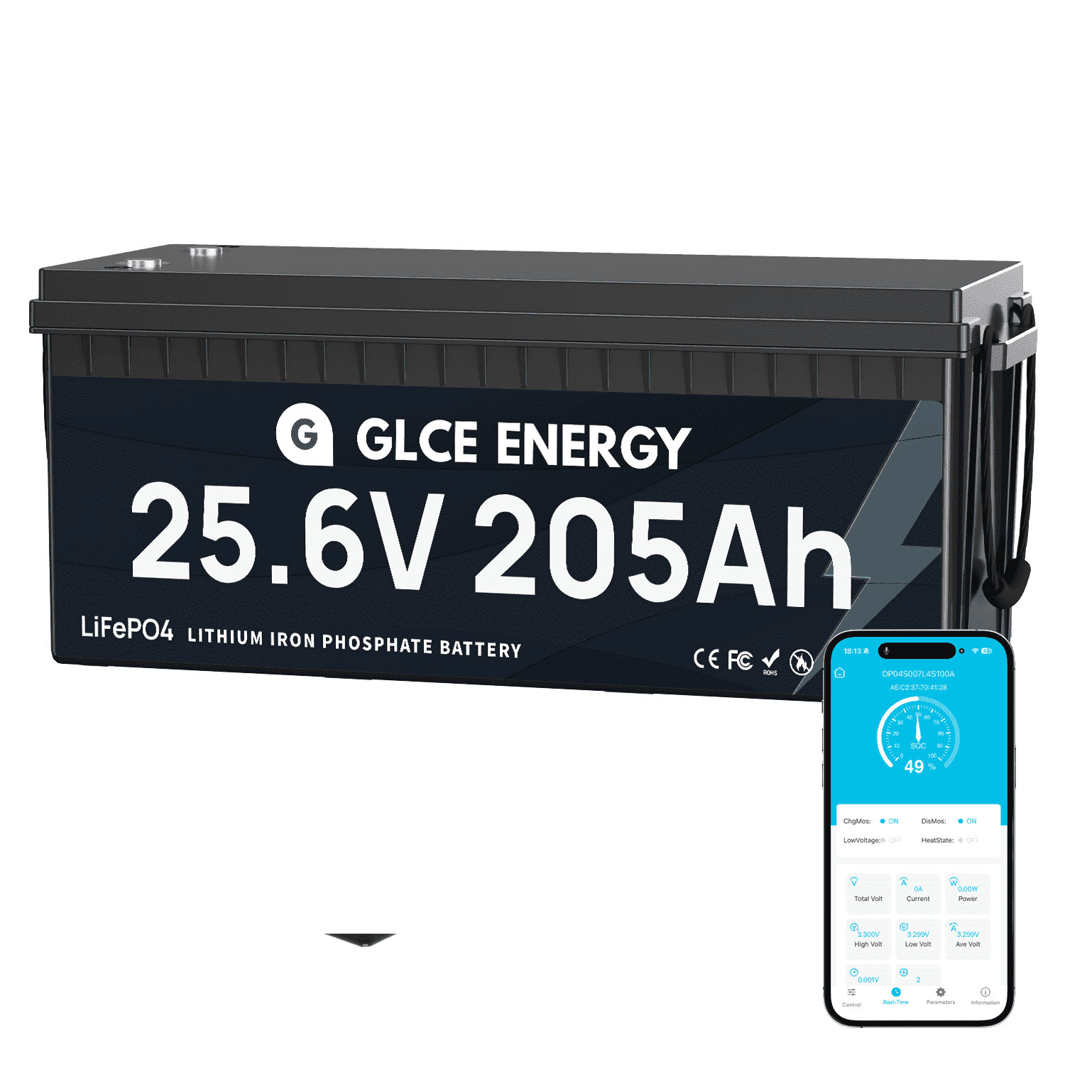 GLCE ENERGY 24V(25.6V) 205Ah LiFePO4 Battery, Bluetooth 200A BMS, 5248Wh Lithium Iron Phosphate Cell for RV, Boats, Solar Installations and More