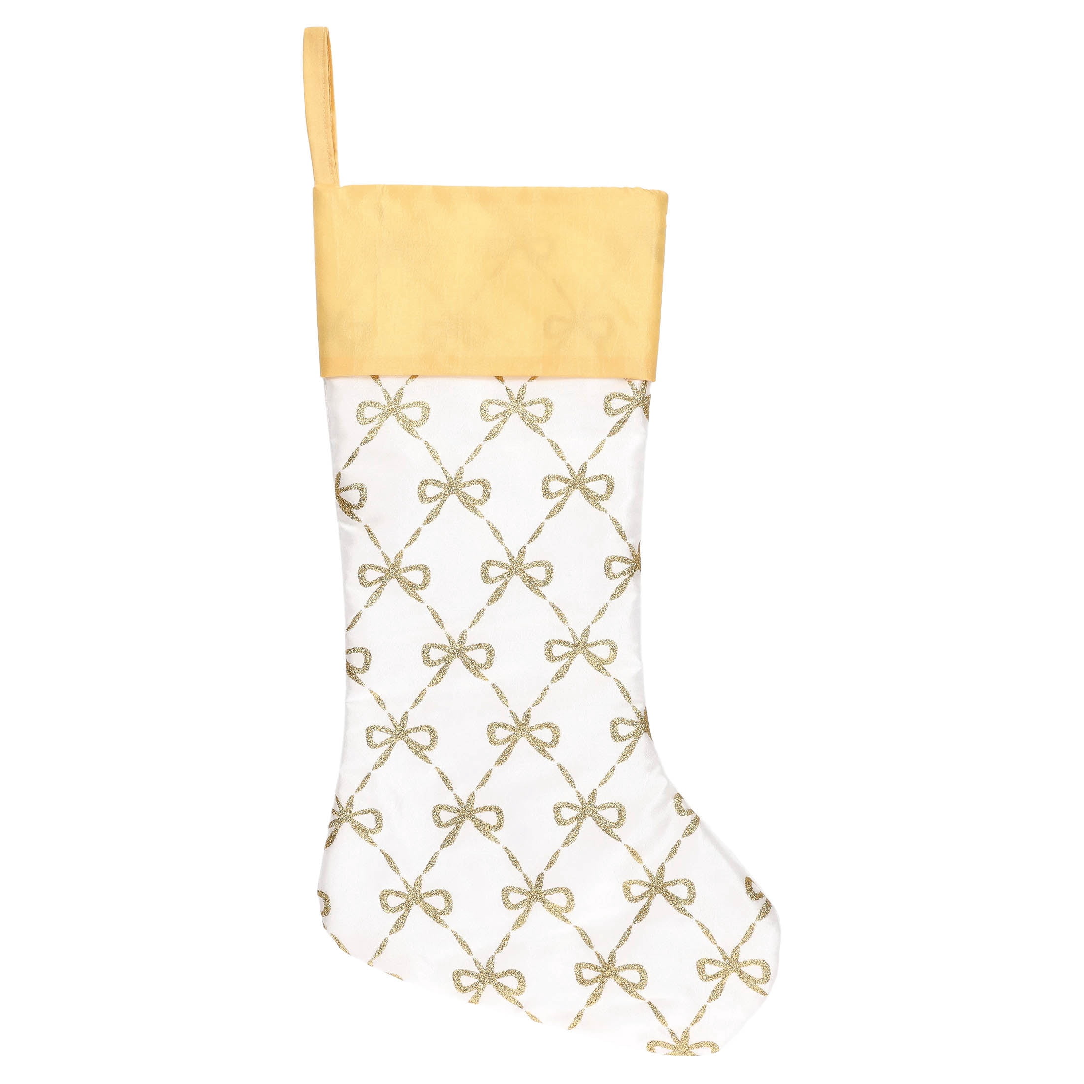 Satin Glitter Bow Christmas Stocking, White and Gold, 18", by Holiday Time
