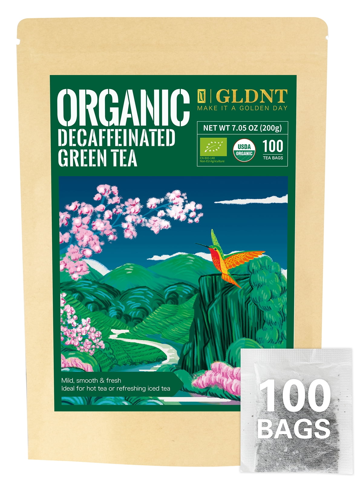 GLDNT Decaf Organic Green Tea Bags, Decaffeinated Green Tea, Smooth
