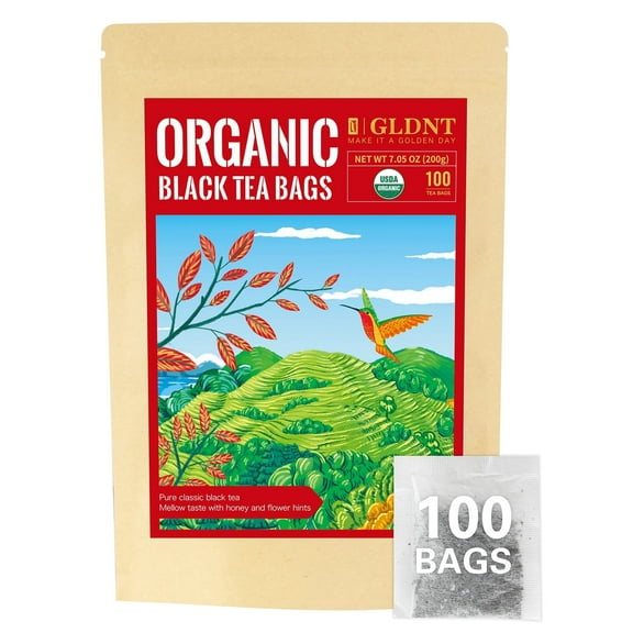 GLDNT Organic Black Tea Bags, Smooth & Mellow Flavor, Caffeinated, Hot & Iced Tea, 100 Count