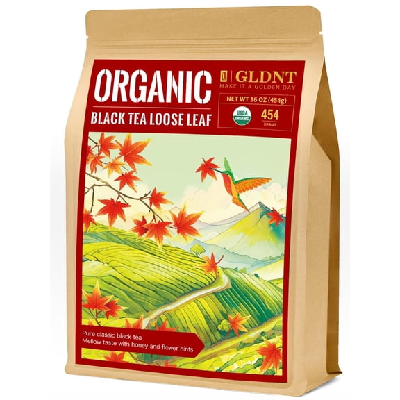 GLDNT Organic Black Tea, Organic Black Tea Loose Leaf, Full-bodied & Mellow Taste, Caffeinated, 16oz
