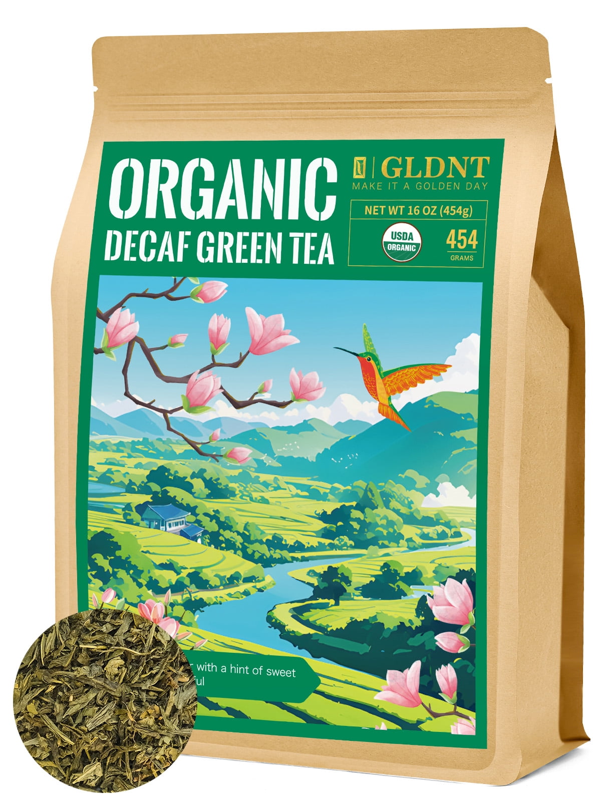 GLDNT Organic Decaf Green Tea, Organic Decaffeinated Green Tea Loose leaf, Delicate & Smooth Flavor, 16oz