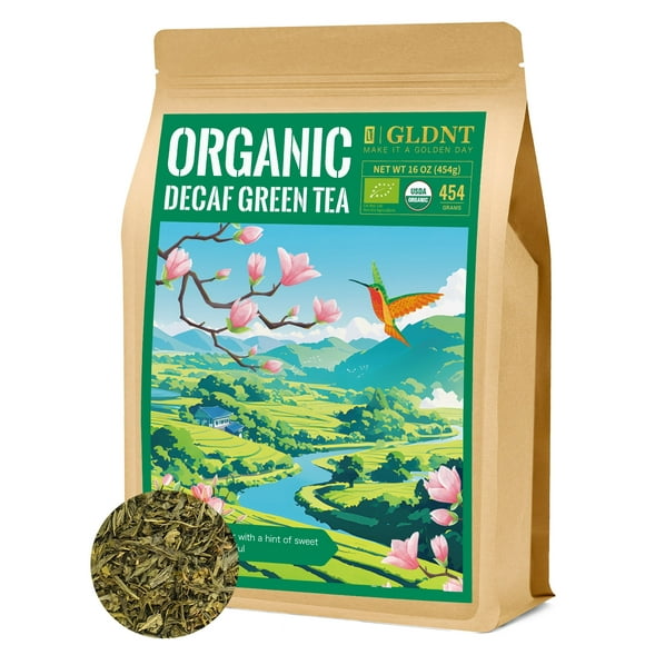 GLDNT Organic Decaf Green Tea, Organic Decaffeinated Green Tea Loose leaf, Delicate & Smooth Flavor, 16oz
