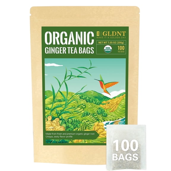 GLDNT Organic Ginger Tea Bags, Ginger Root Herbal Tea, Spicy & Zesty Flavor, Caffeine Free, 100Count