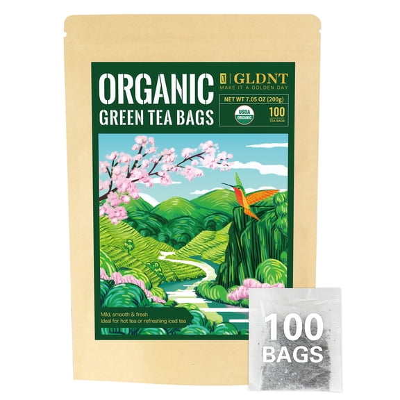 GLDNT Organic Green Tea Bags, Fresh & Smooth Flavor, Super Antioxidant, Caffeinated, 100 Count