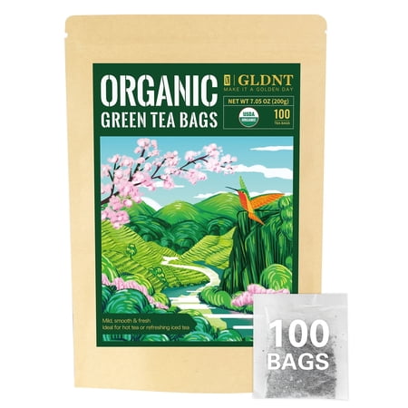 GLDNT Organic Green Tea Bags, Fresh & Smooth Flavor, Super Antioxidant, Caffeinated, 100 Count
