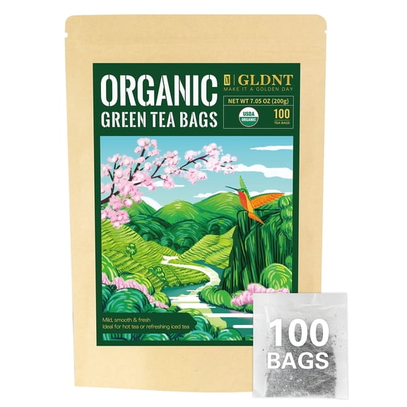 GLDNT Organic Green Tea Bags, Fresh & Smooth Flavor, Super Antioxidant, Caffeinated, 100 Count
