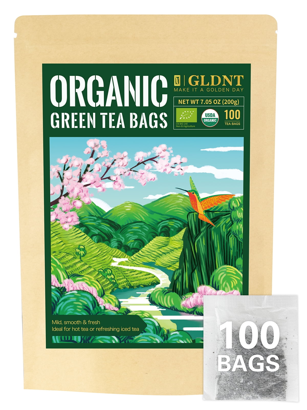 GLDNT Organic Green Tea Bags, Fresh & Smooth Flavor, Super Antioxidant, Caffeinated, 100 Count