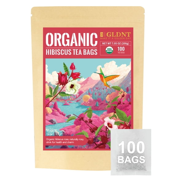 GLDNT Organic Hibiscus Tea Bags, Caffeine Free, Refreshing Tart Flavor, 100 Count