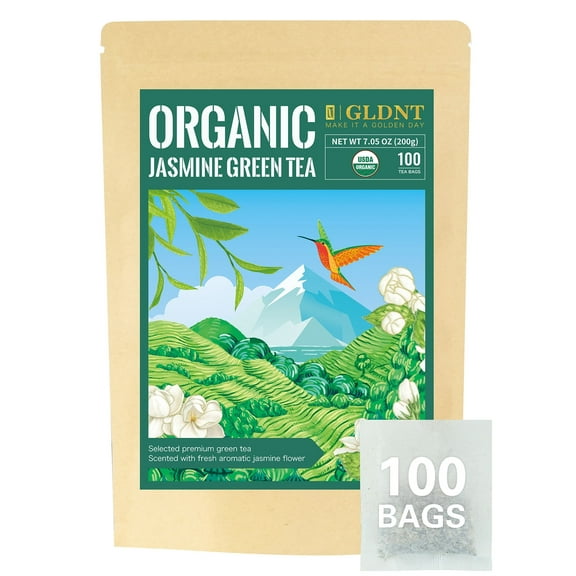 GLDNT Organic Jasmine Green Tea Bags, Jasmine Scented Green Tea, Floral Aroma & Smooth Taste, 100 Count