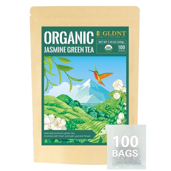 GLDNT Organic Jasmine Green Tea Bags, Jasmine Scented Green Tea, Floral Aroma & Smooth Taste, 100 Count
