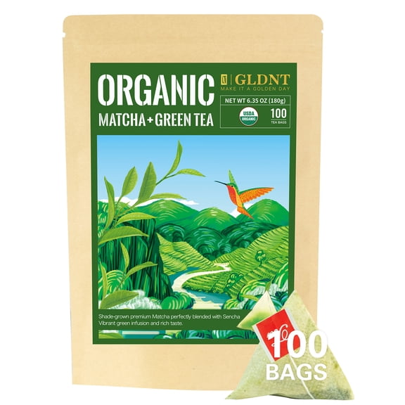 GLDNT Organic Matcha Green Tea Bags, Organic Matcha + Sencha Green Tea, Caffeinated, 100 Count