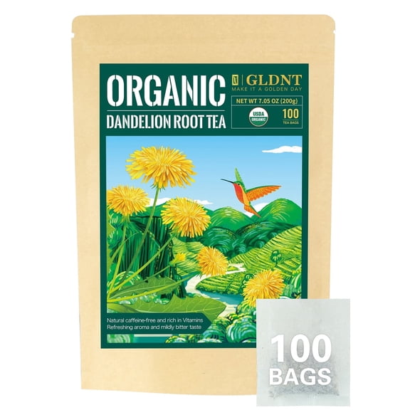 GLDNT Organic Raw Dandelion Root Tea Bags, Smooth Taste, Caffeine Free, Natural & Pure, 100 Count