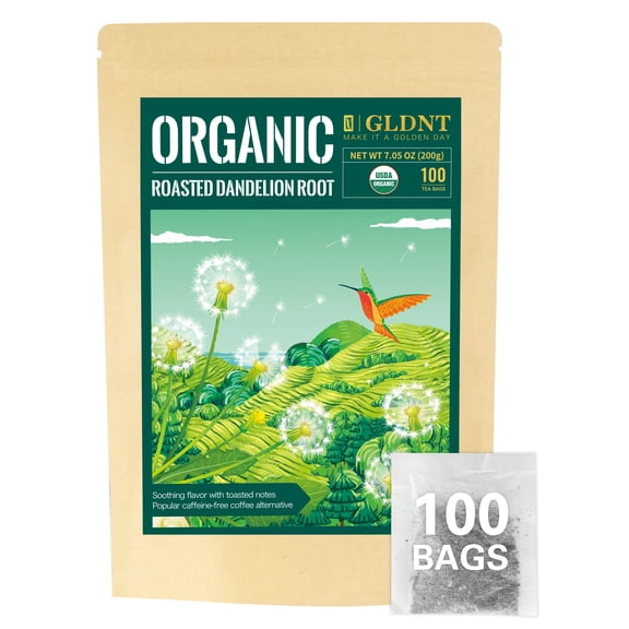 GLDNT Organic Roasted Dandelion Root Tea Bags, Smooth & Mild Flavor, Caffeine Free, 100 Count