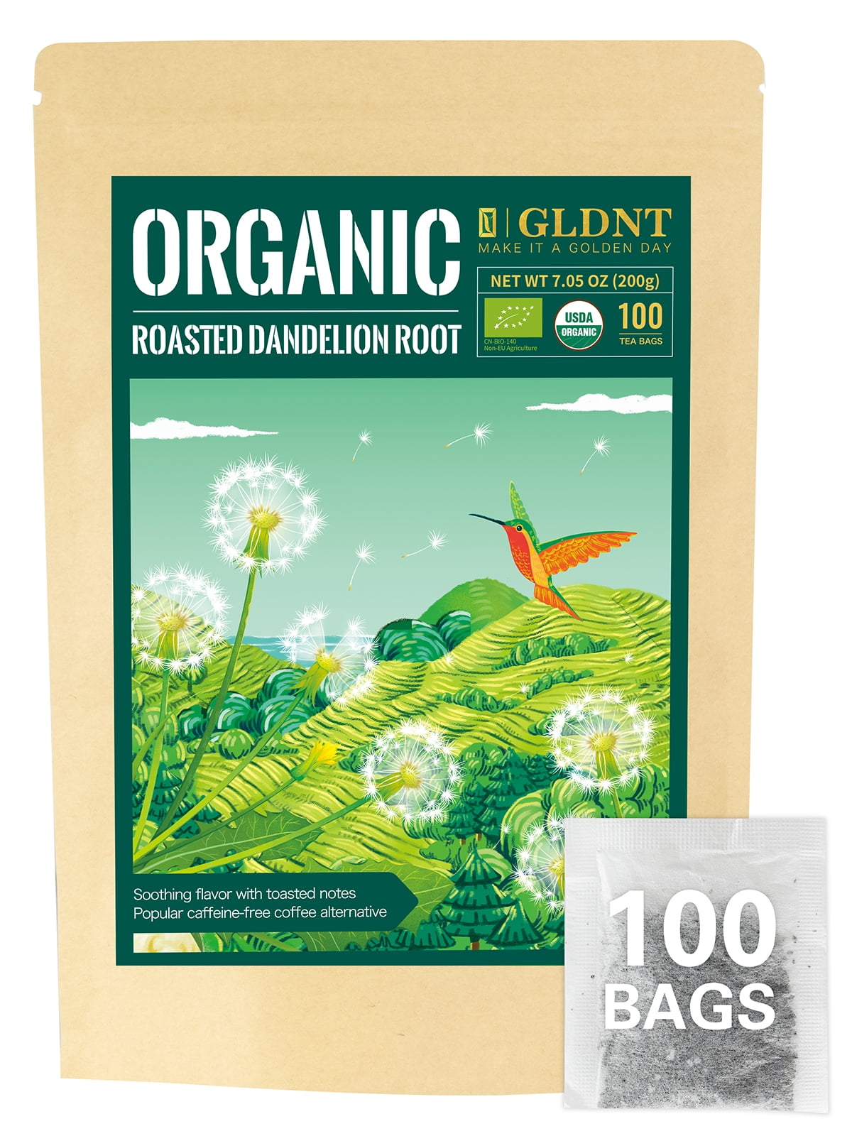 GLDNT Organic Roasted Dandelion Root Tea Bags, Smooth & Mild Flavor, Caffeine Free, 100 Count