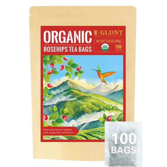 GLDNT Organic Rosehips Tea Bags, Natural Rose Hips, Fruity Flavor and Aroma, Caffeine Free, 100Count