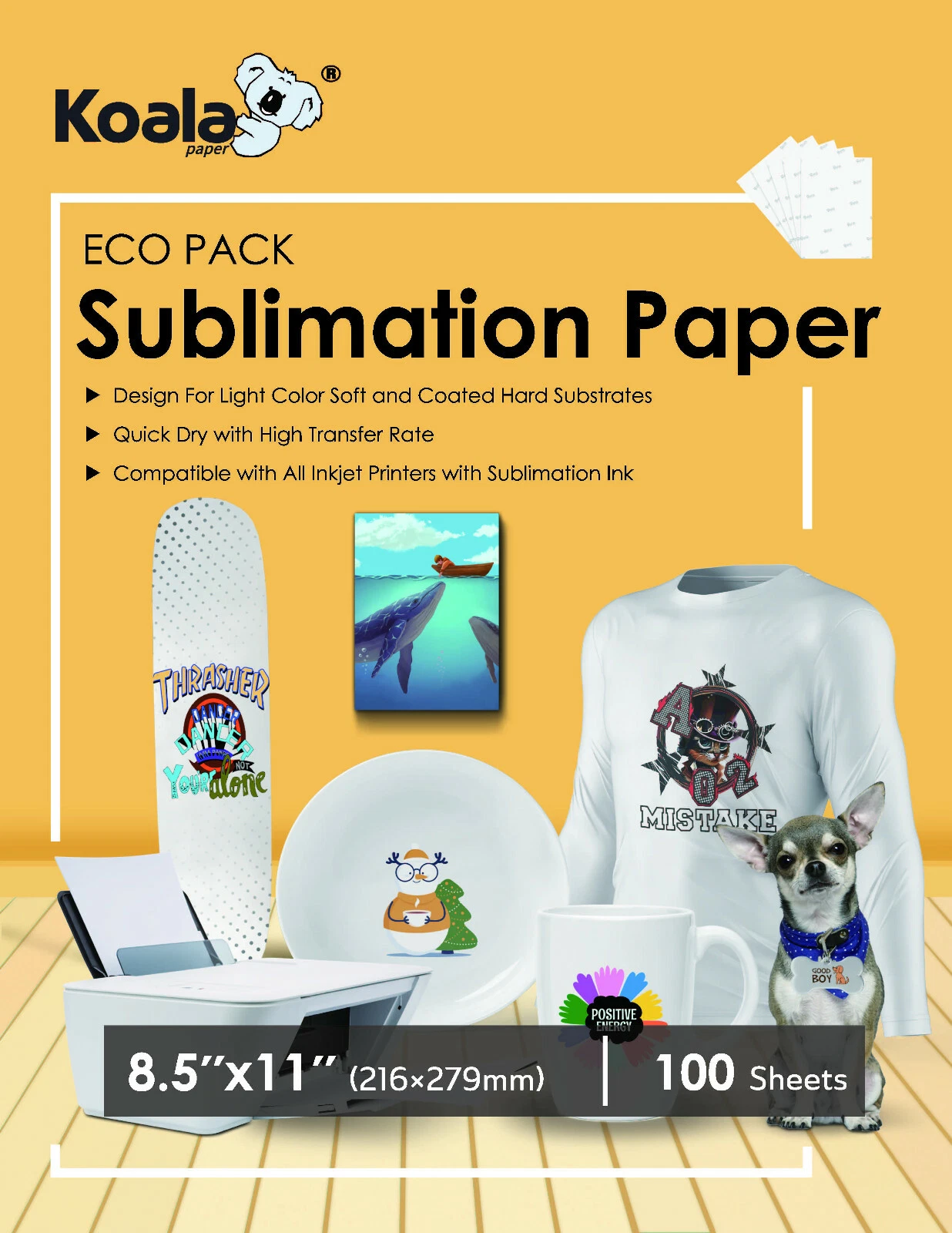 GLEAM- Koala Sublimation Paper 8.5X11 100 Inkjet Heat Transfer For Epson Sawgrass Ricoh