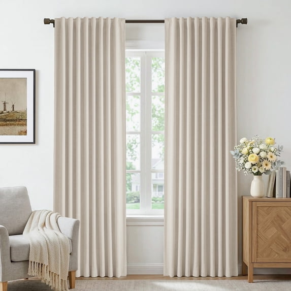 GLEAMIST 100% Blackout Faux Linen Curtains for Bedroom Living Room, Set of 2, Thermal Insulated Back Tab Drapes, 52”Wx108”L, Cream