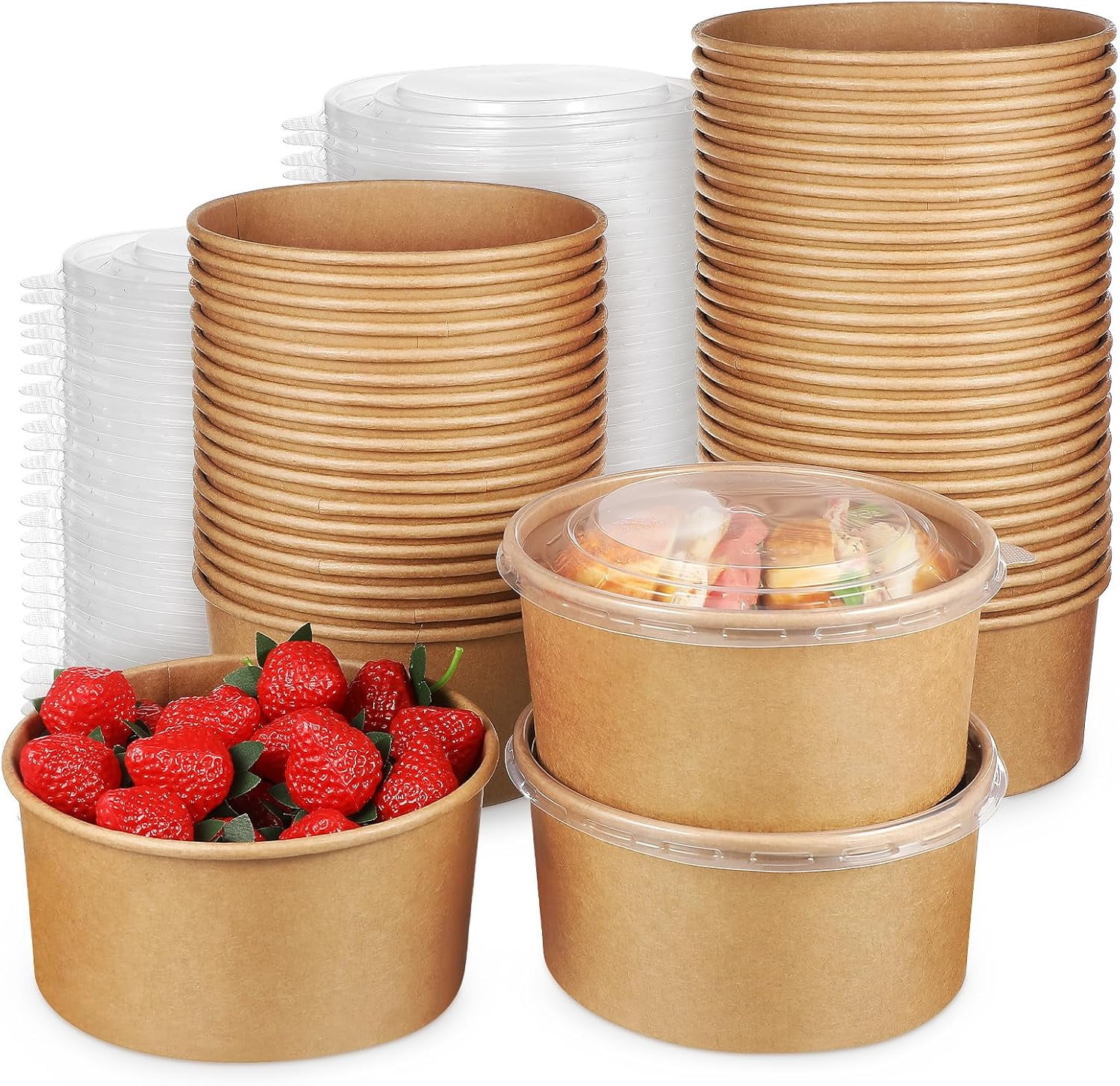 GLEAVI 44 OZ Disposable Paper Bowls With Lids: 50 Pack Kraft Paper ...